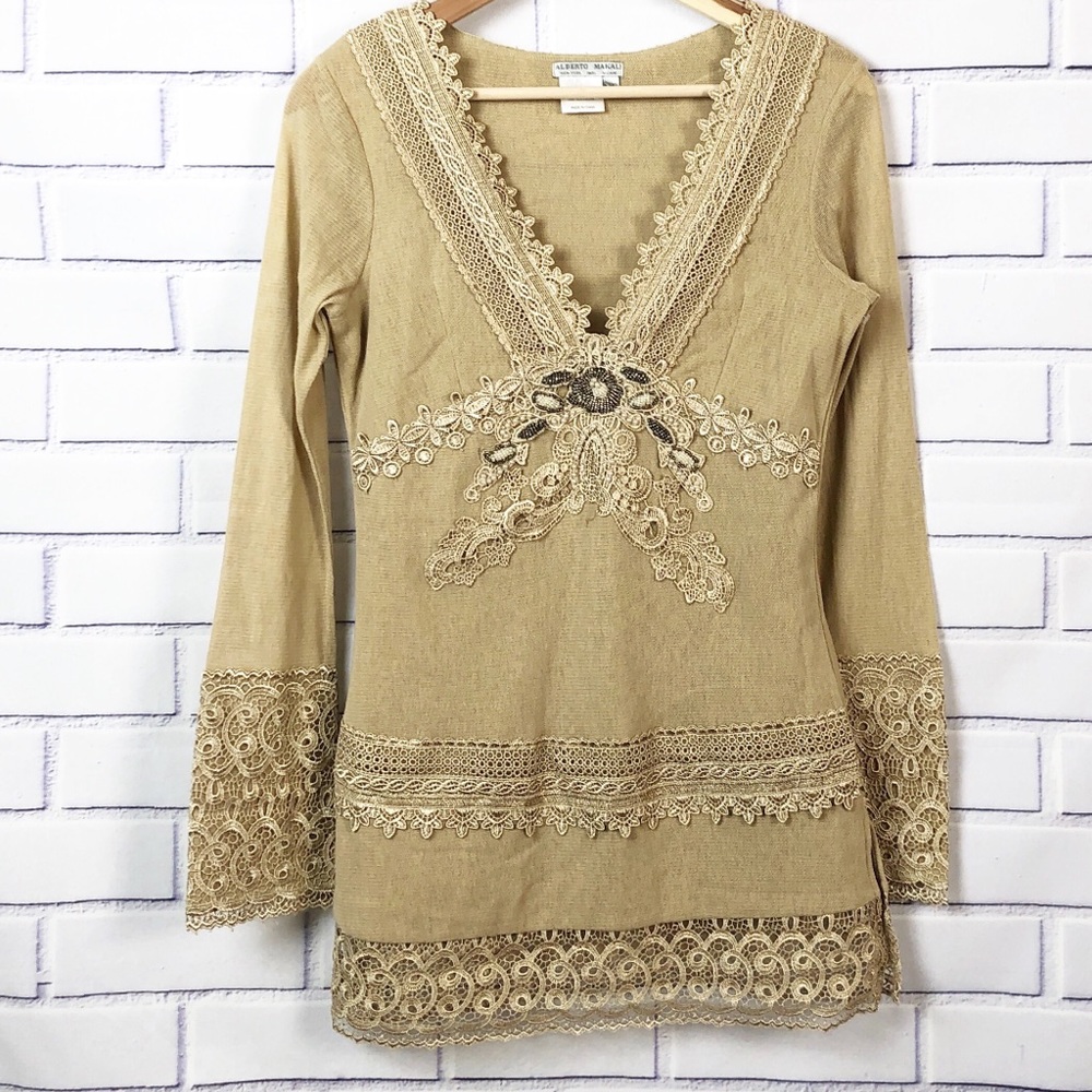 Alberto Makali Tan Beaded Tunic Top Sz M